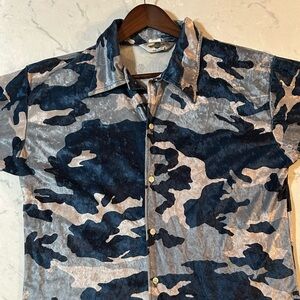 Vintage 90’s Raver Shirt. Blue camo velveteen/plush. Excellent condition.